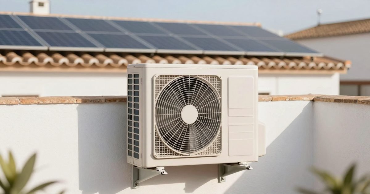 Unidad exterior de aire acondicionado en una terraza con placas solares en el tejado