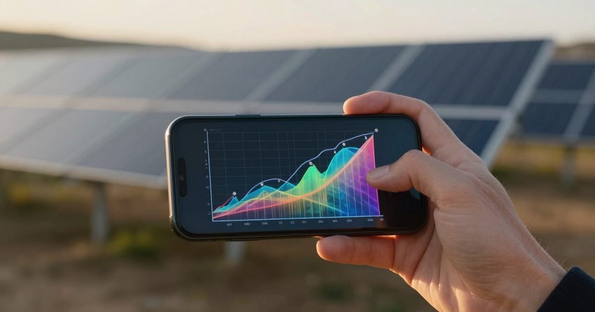 Móvil con una gráfica de producción solar y placas al fondo