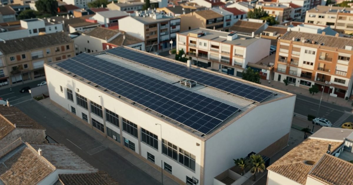 Placas solares en la cubierta de un edificio municipal cerca de bloques de viviendas