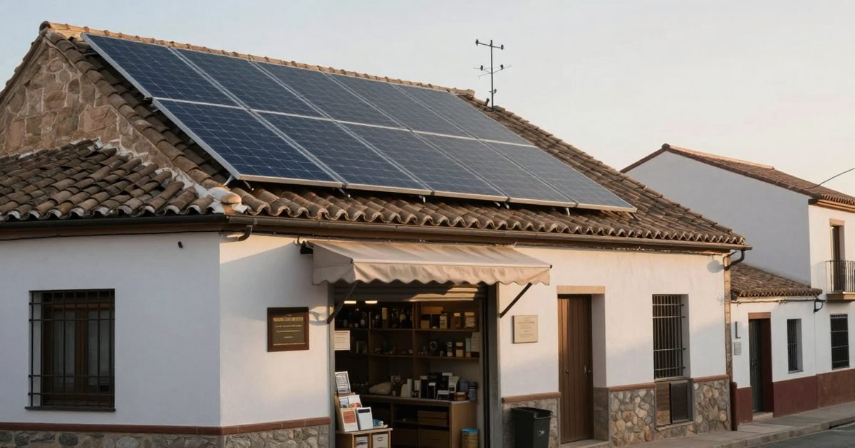 Tienda de barrio y vivienda contigua con placas solares en la cubierta