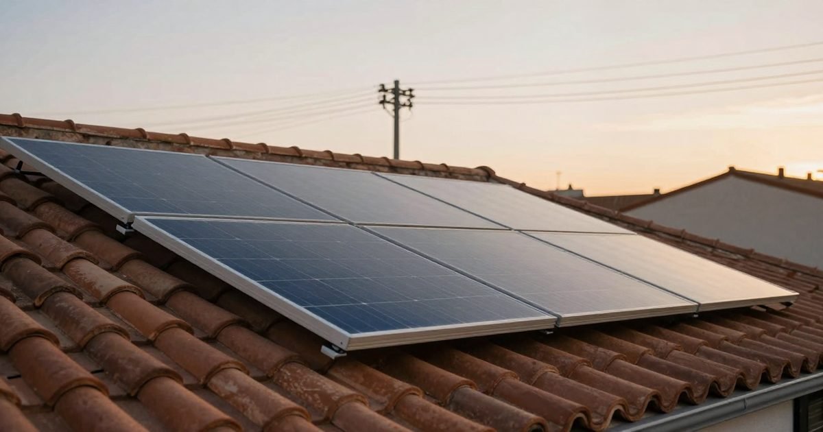 Placas solares en un tejado con líneas eléctricas de distribución al fondo