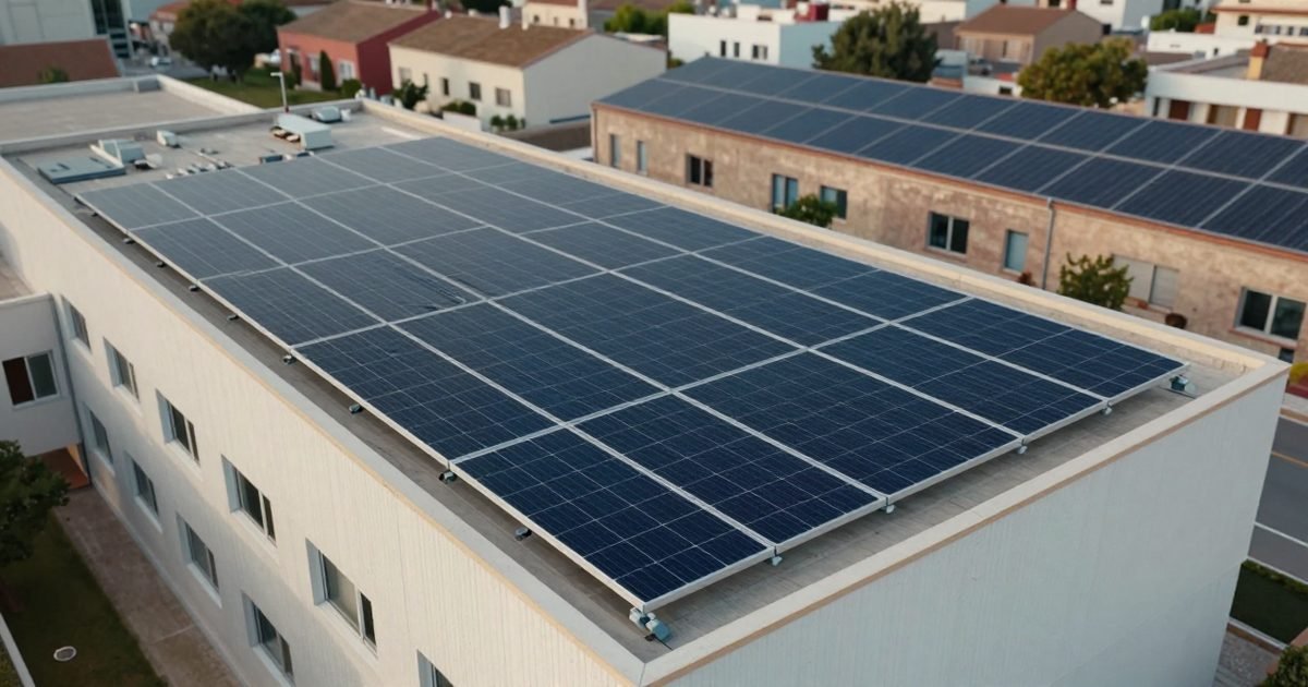 Gran instalación solar en una cubierta comercial junto a tejados residenciales