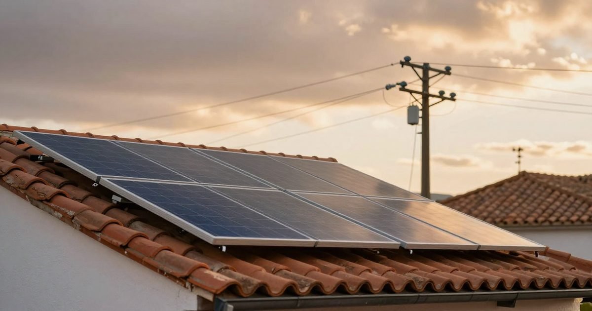 Tejado con placas solares junto a postes y líneas eléctricas