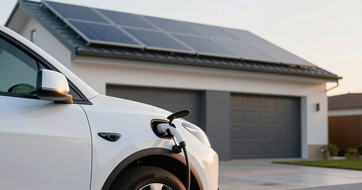 Coche eléctrico cargando frente a una casa con placas solares