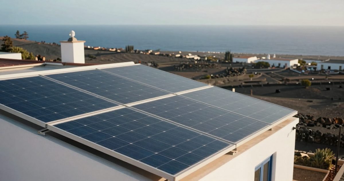 Vivienda con placas solares en Canarias con paisaje volcánico