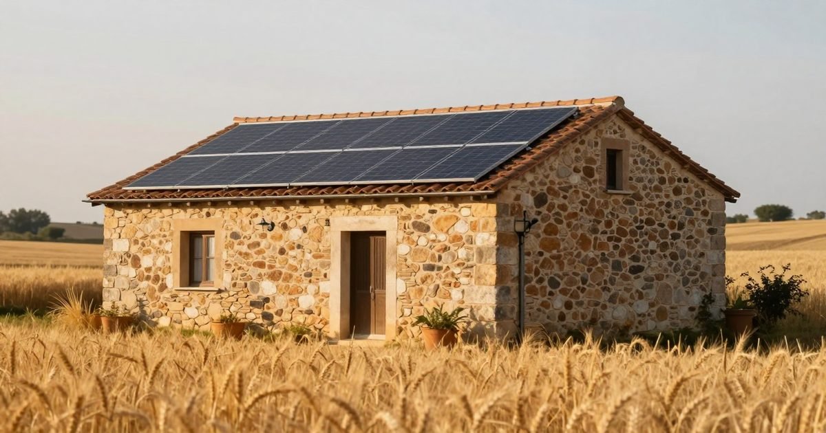 Casa de piedra rural con placas solares entre campos de cereal