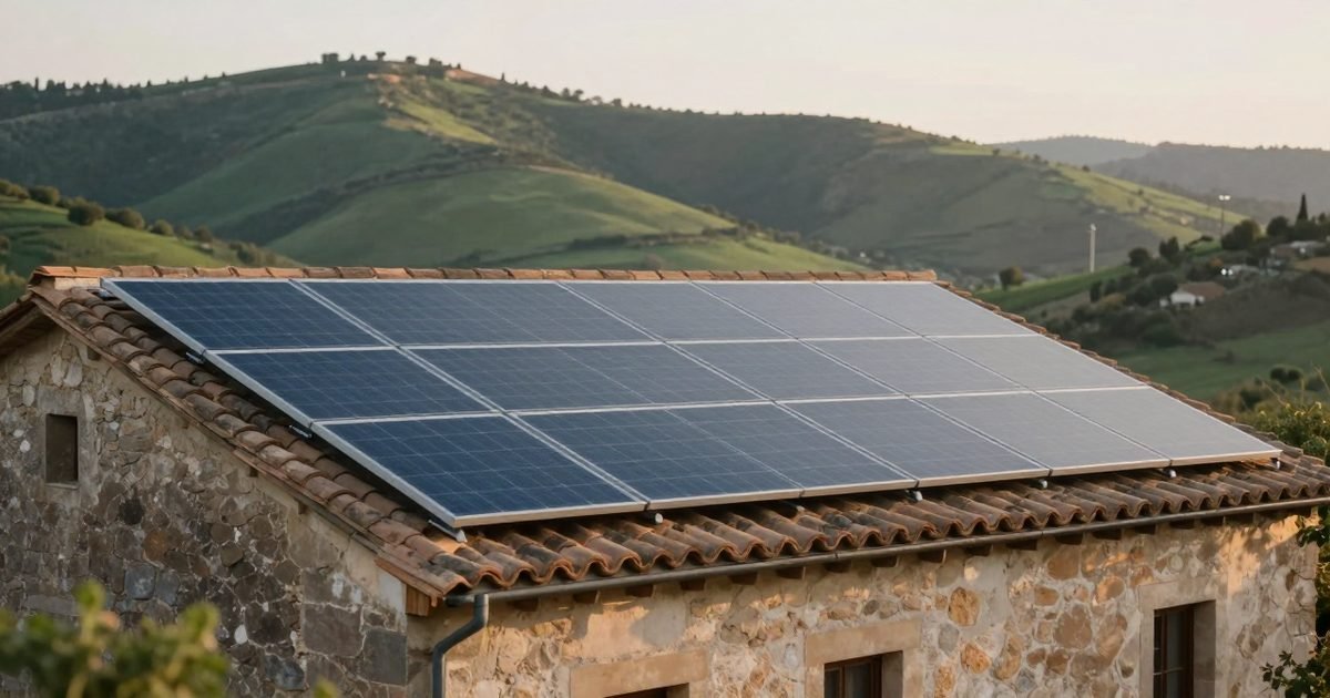 Masía catalana con placas solares en el tejado