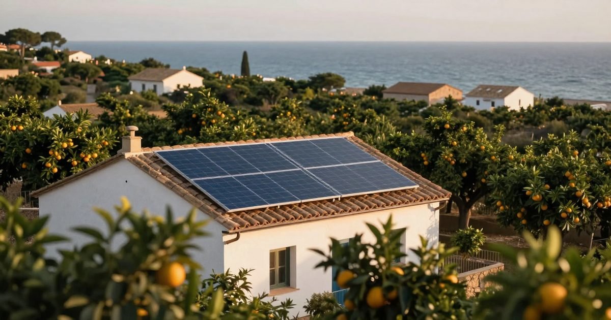 Casa mediterránea con placas solares entre naranjos