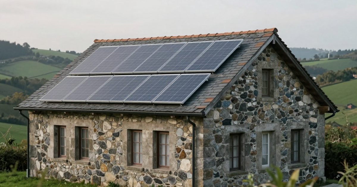 Casa gallega de piedra con placas solares