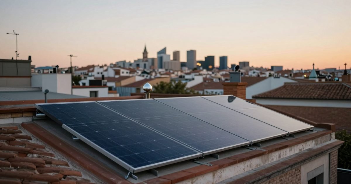 Azoteas de Madrid con placas solares al atardecer