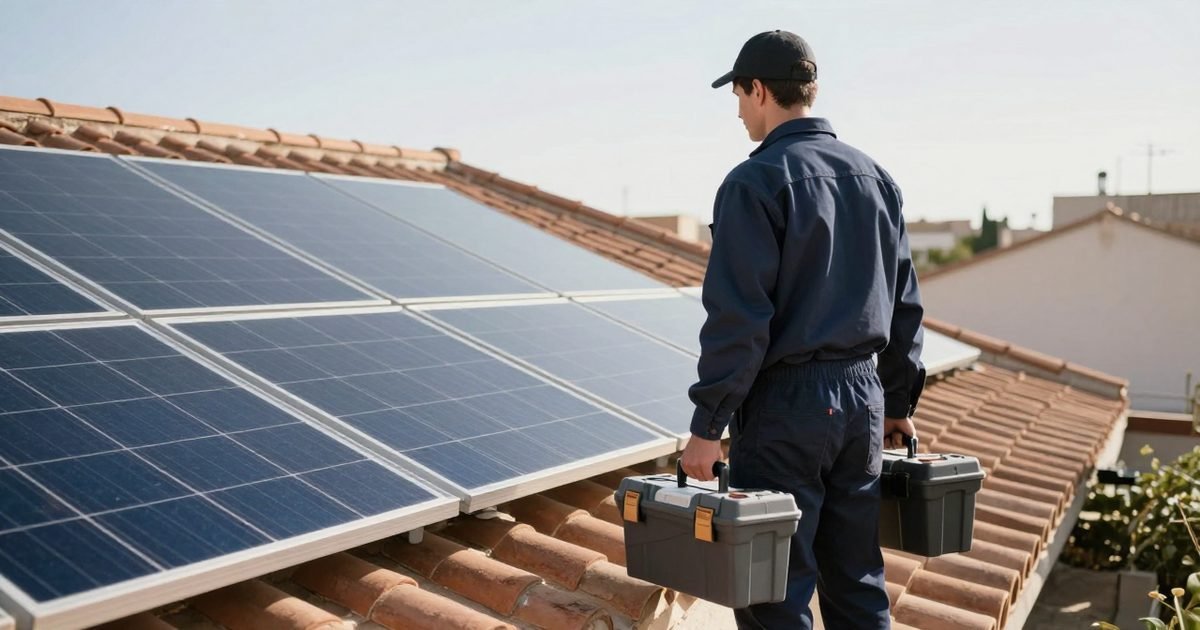 Técnico junto a una instalación solar recién terminada en un tejado