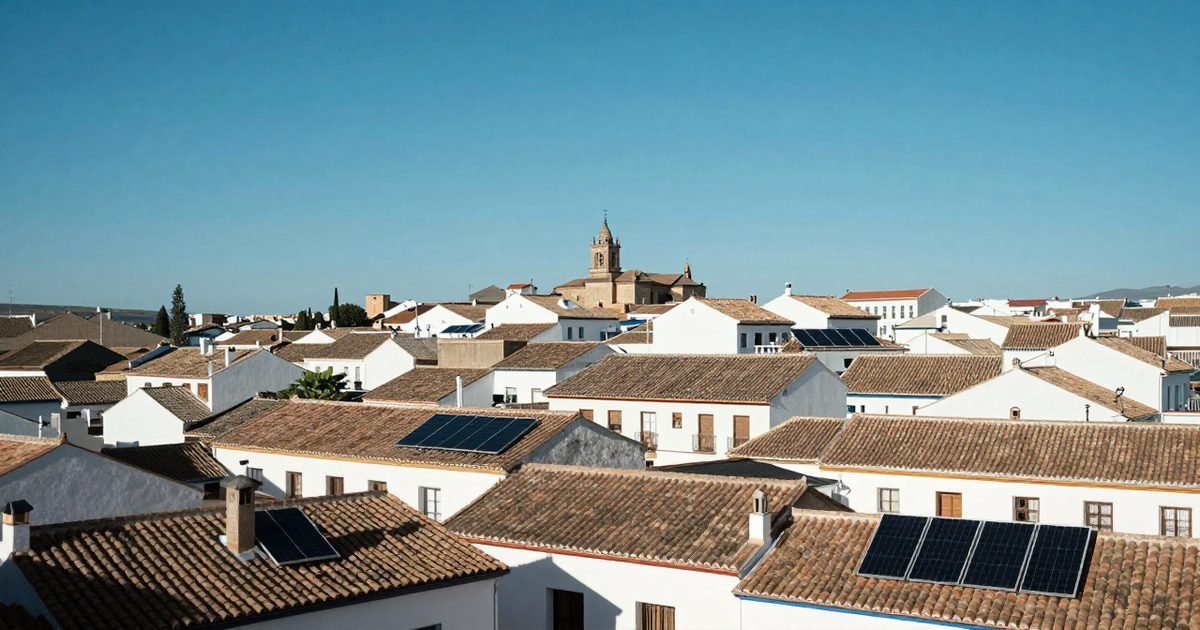 Ayuntamiento y tejados con placas solares en un pueblo