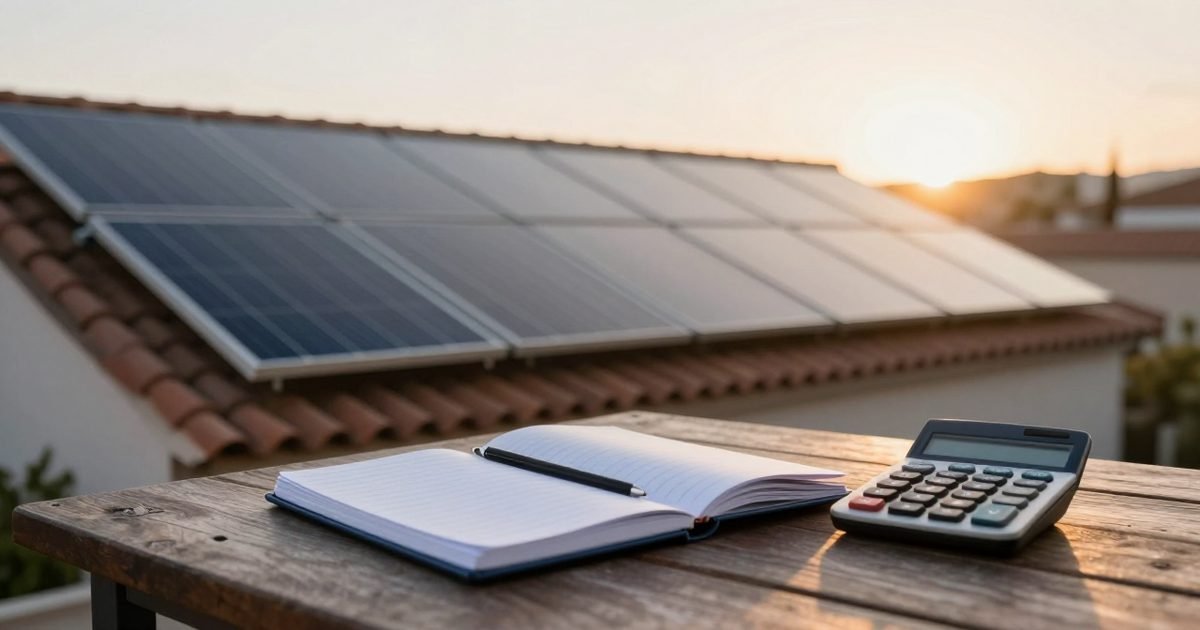 Placas solares al amanecer con una calculadora en primer plano