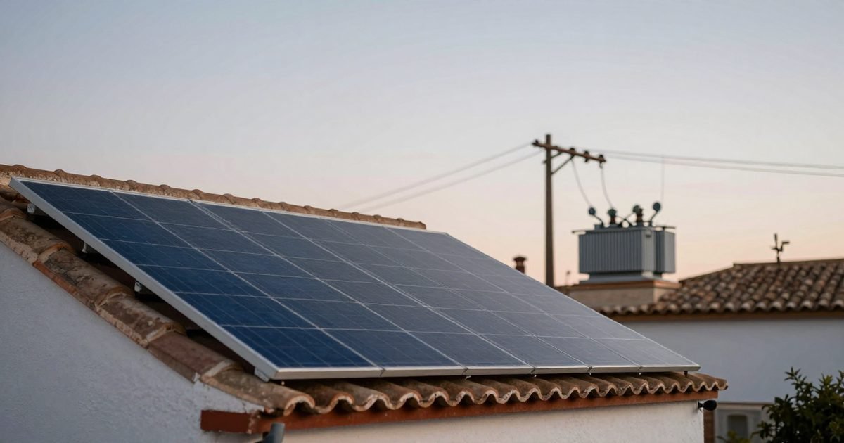 Casa con placas solares y líneas eléctricas al atardecer