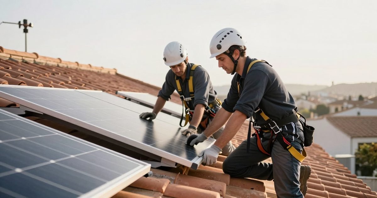Instaladores montando placas solares en un tejado