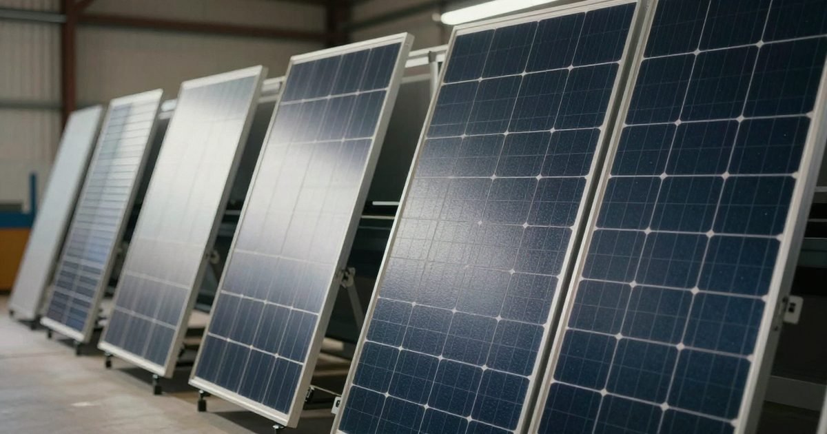 Varios paneles solares de distintos modelos en un almacén