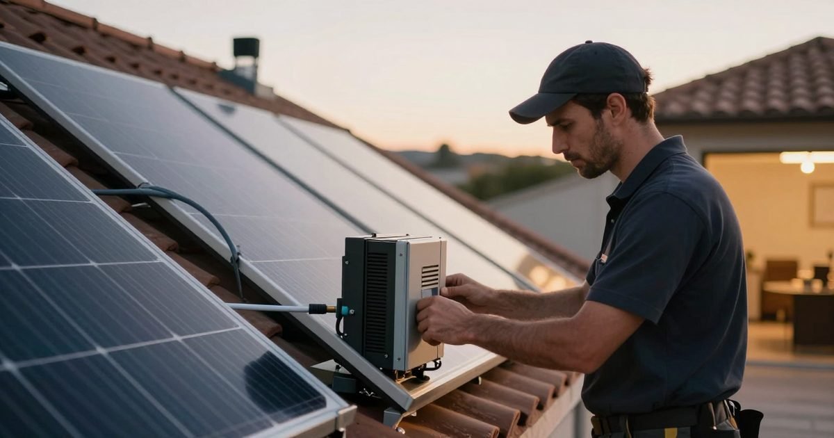 Técnico revisando el inversor de una instalación solar terminada