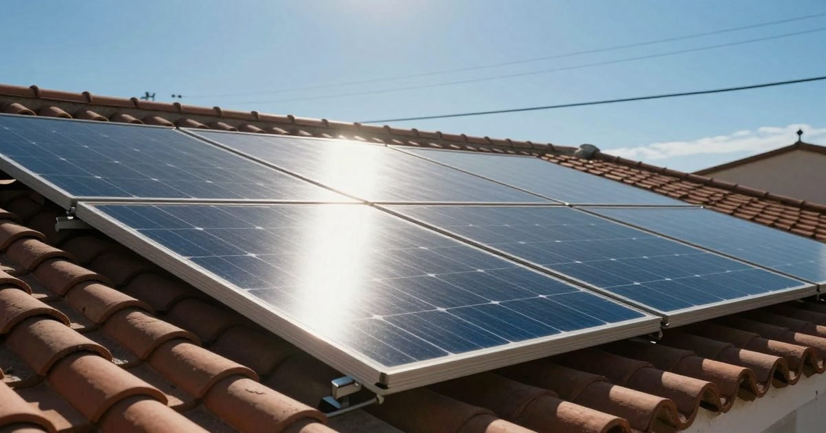 Placas solares a pleno sol con la red eléctrica al fondo