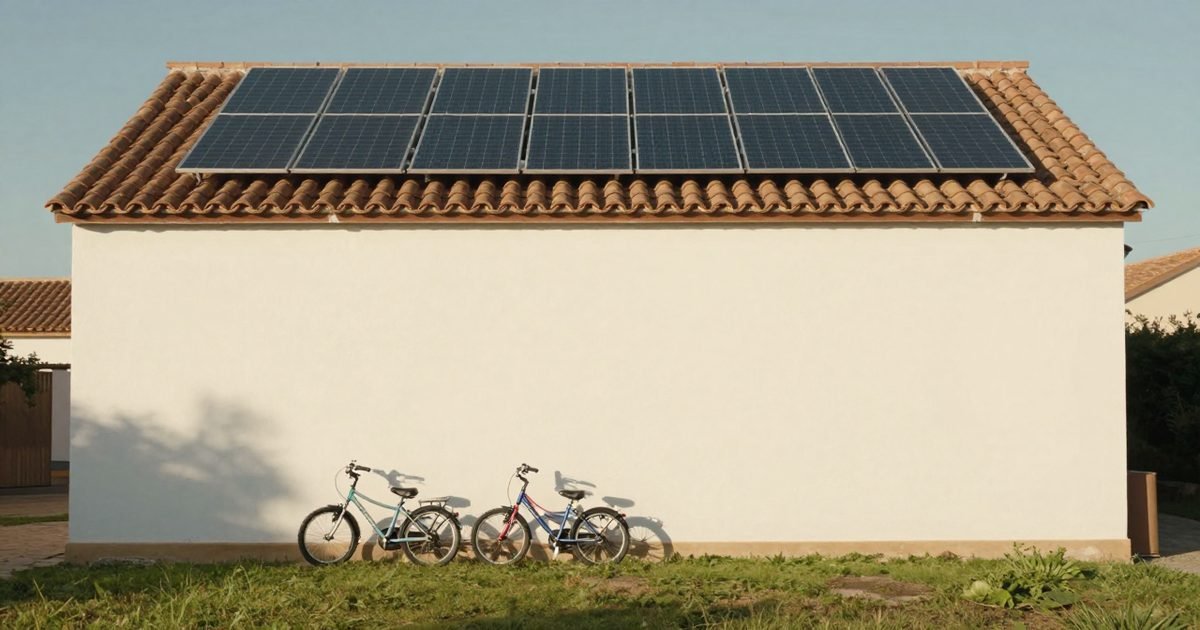 Casa familiar con placas solares y bicicletas en el jardín