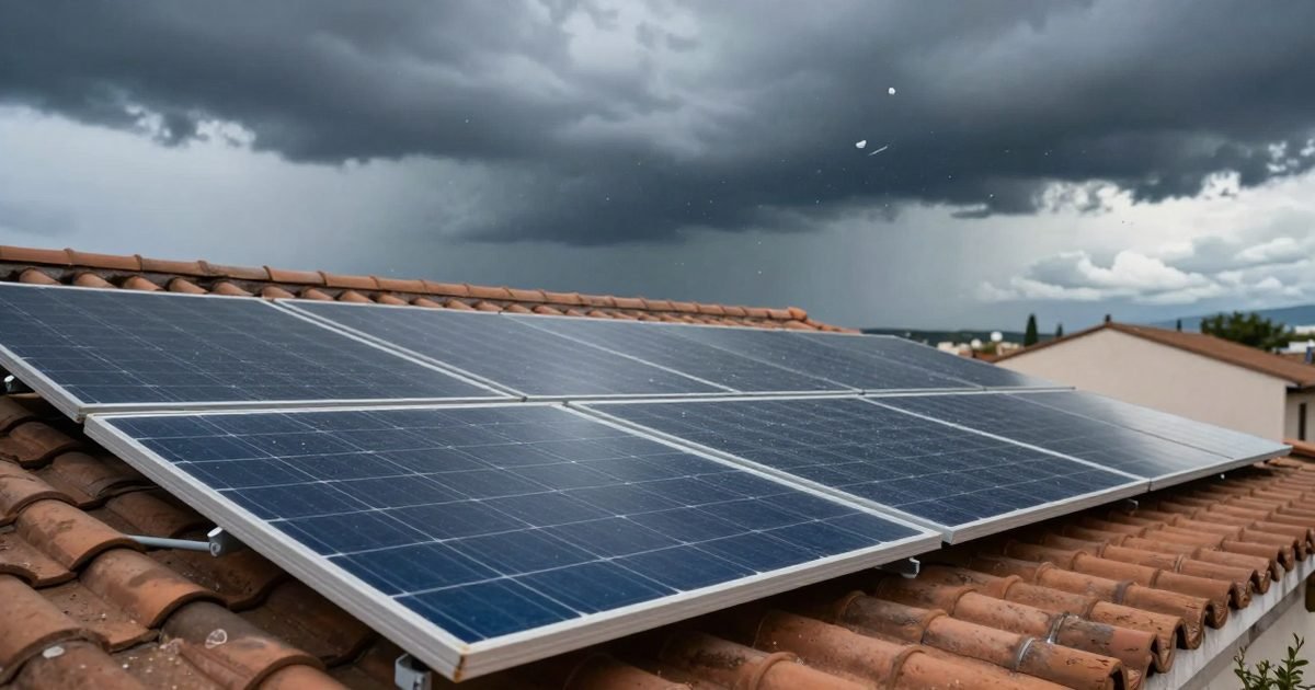 Placas solares bajo una tormenta con granizo