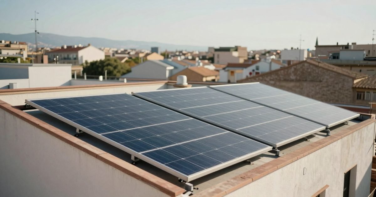Instalación solar colectiva en la azotea de un edificio a mediodía