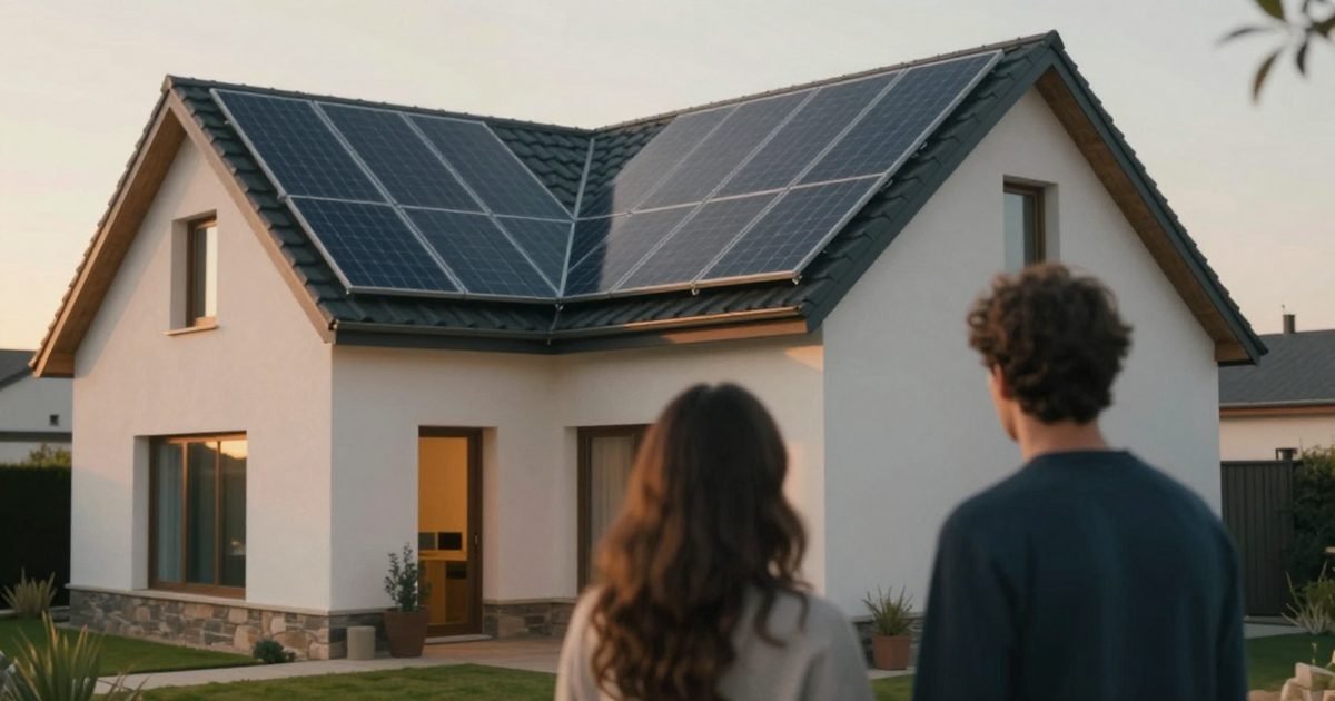 Pareja mirando las placas solares de su casa