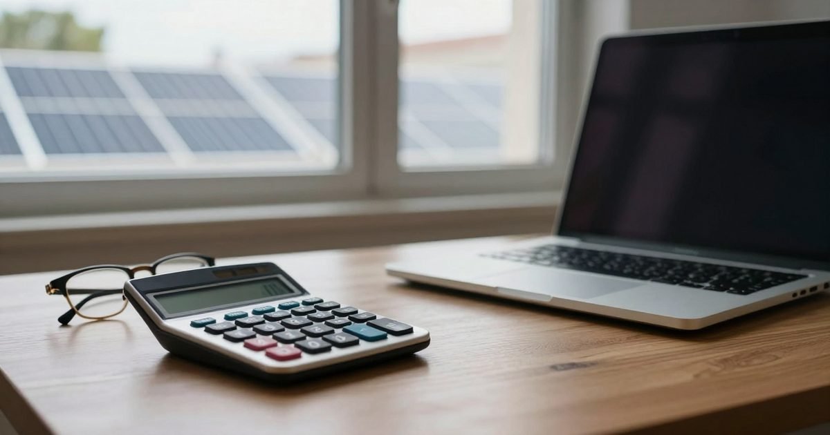 Mesa con calculadora y placas solares al otro lado de la ventana