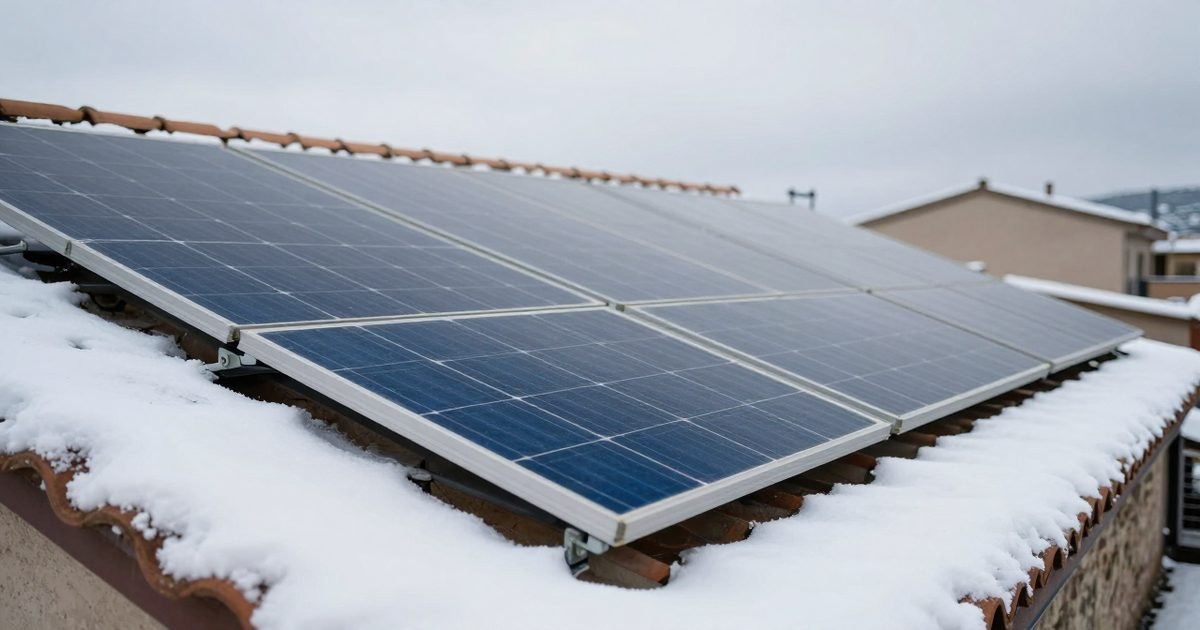 Placas solares en un día nublado de invierno