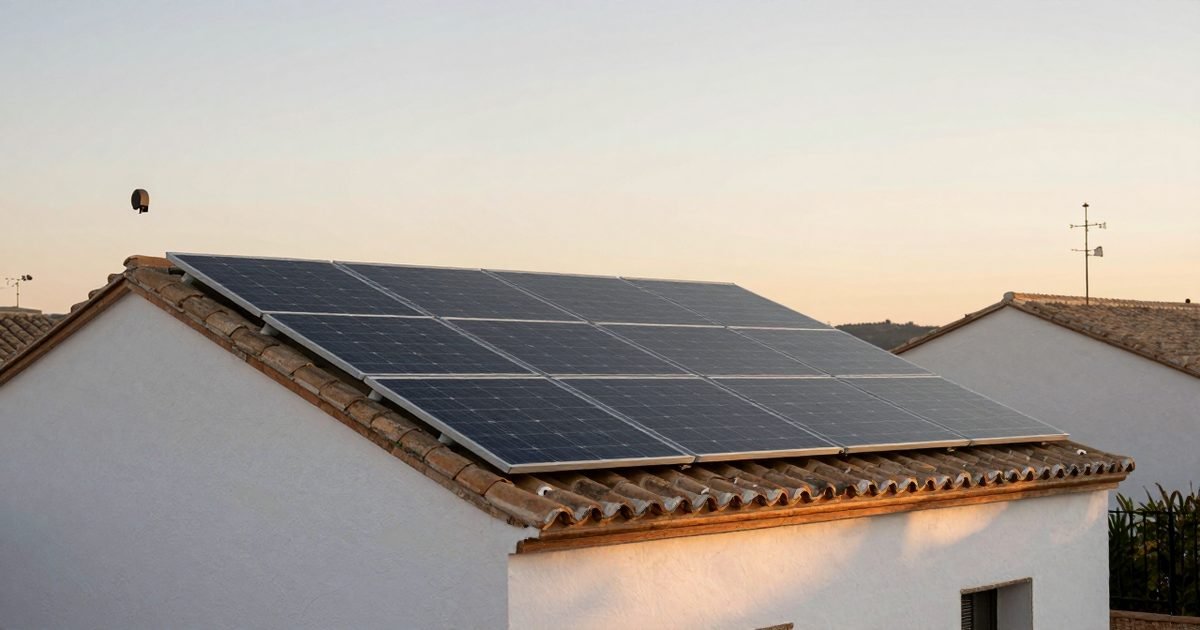 Casa con una instalación solar completa al atardecer