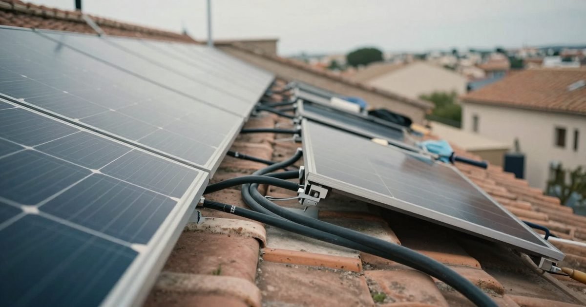 Cableado improvisado junto a placas solares en un tejado