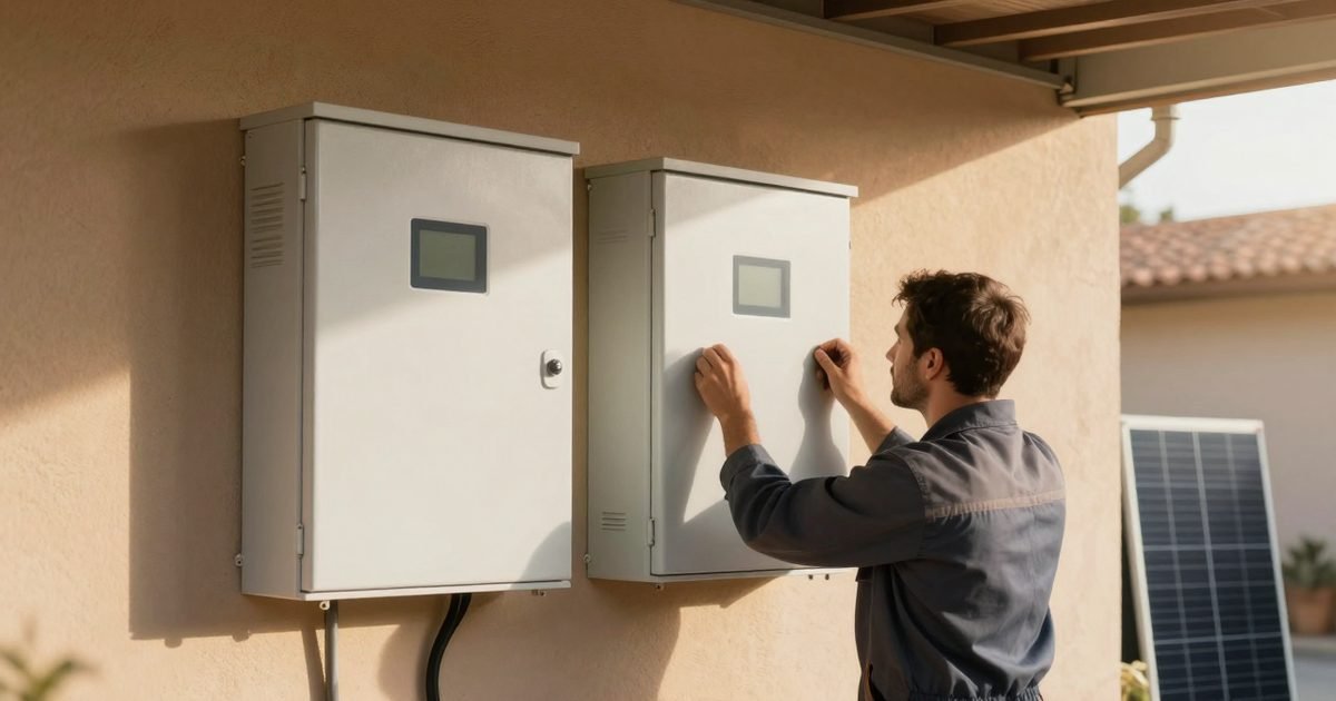Instalador colocando una batería junto a un inversor ya instalado