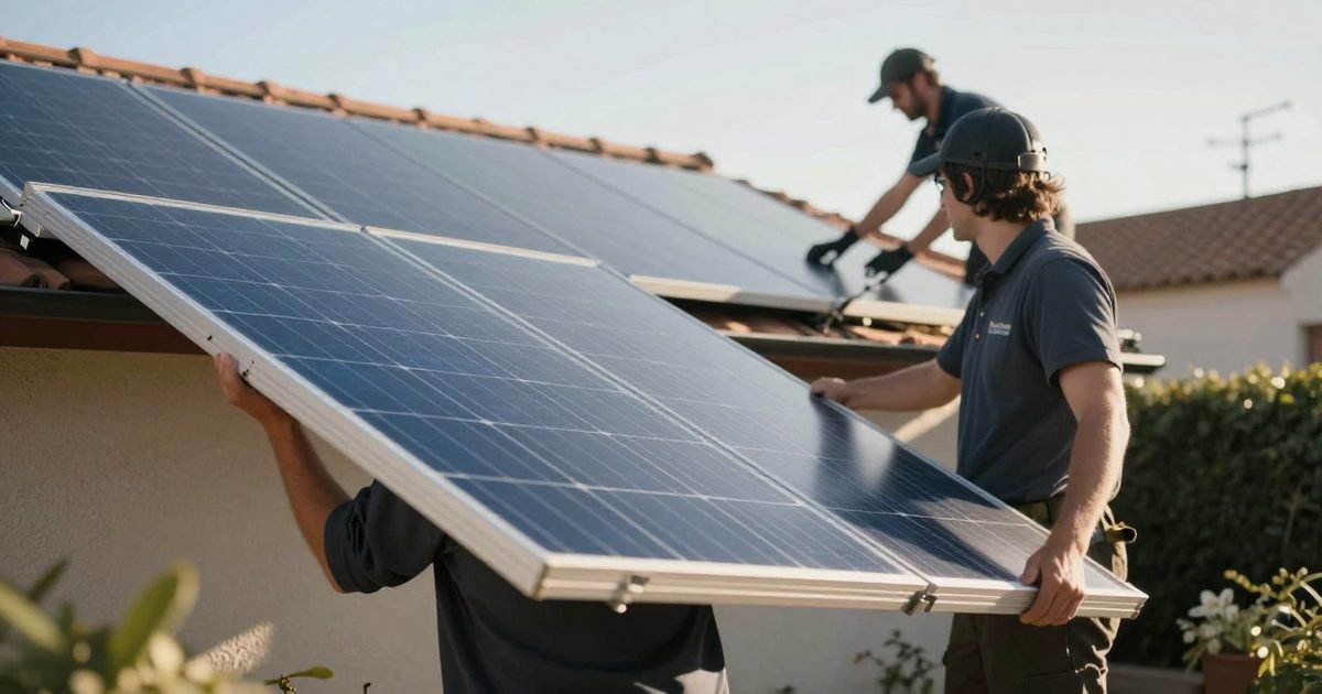 Persona con un panel solar y un instalador trabajando en el tejado