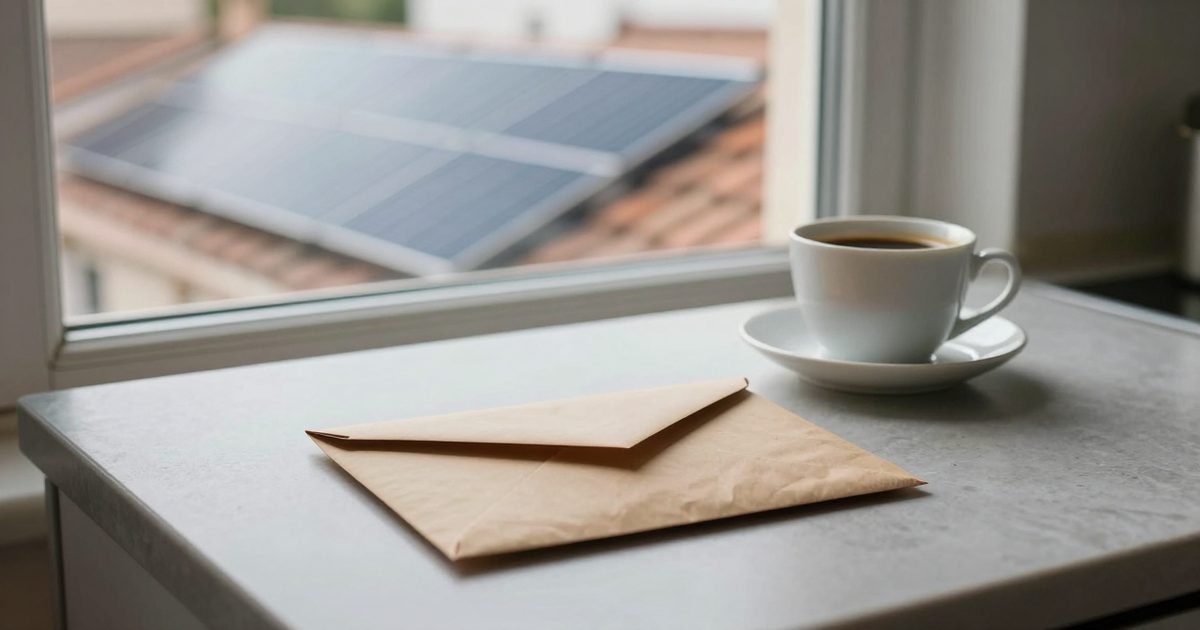 Mesa de cocina con una carta y placas solares al otro lado de la ventana