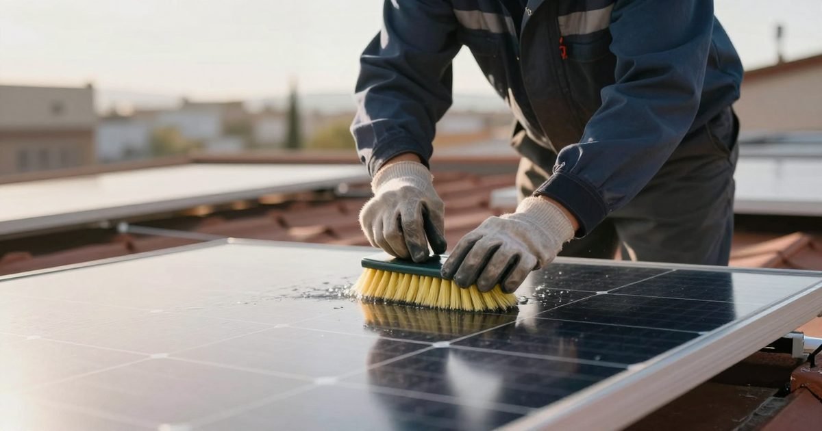 Técnico limpiando placas solares