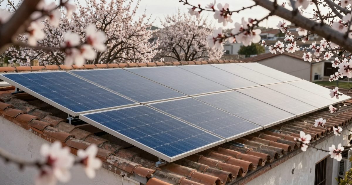 Placas solares en primavera con almendros en flor