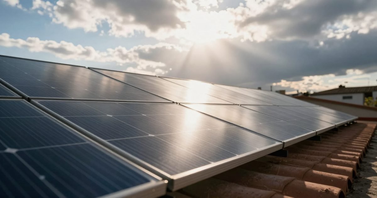 Placas solares con rayos de sol entre nubes