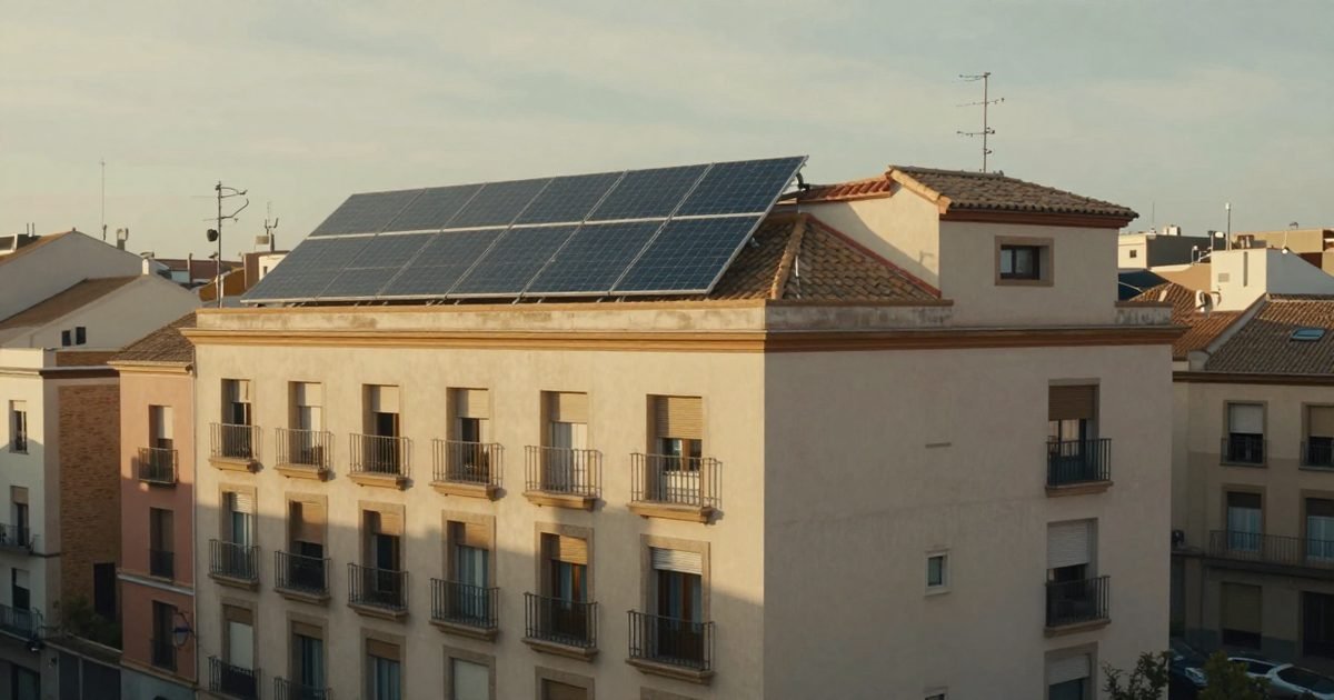 Bloque de pisos con placas solares en la azotea