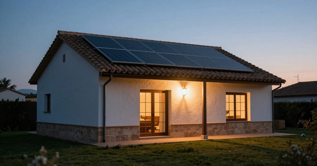 Casa con placas solares en el tejado al anochecer