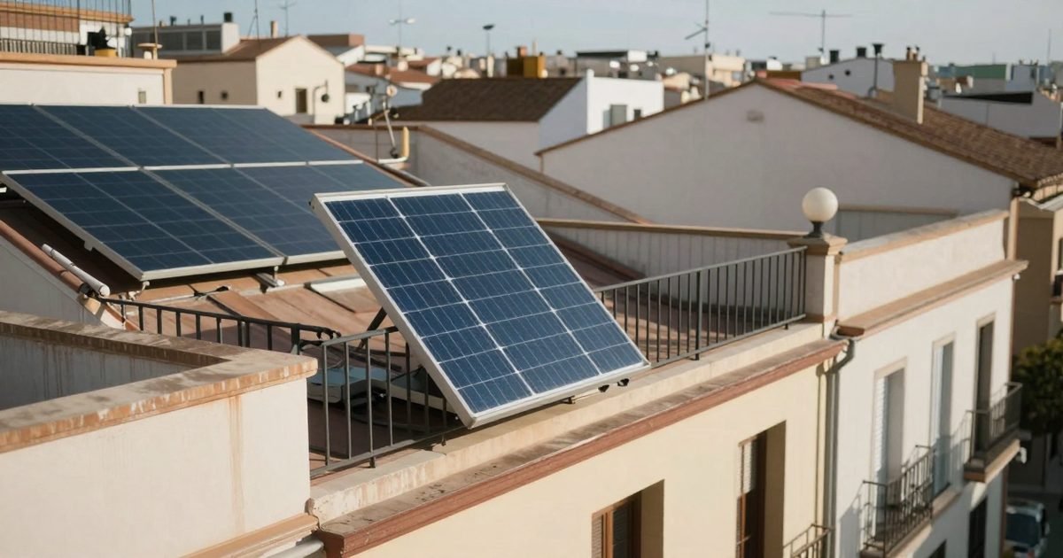 Balcón de un piso con un pequeño panel solar