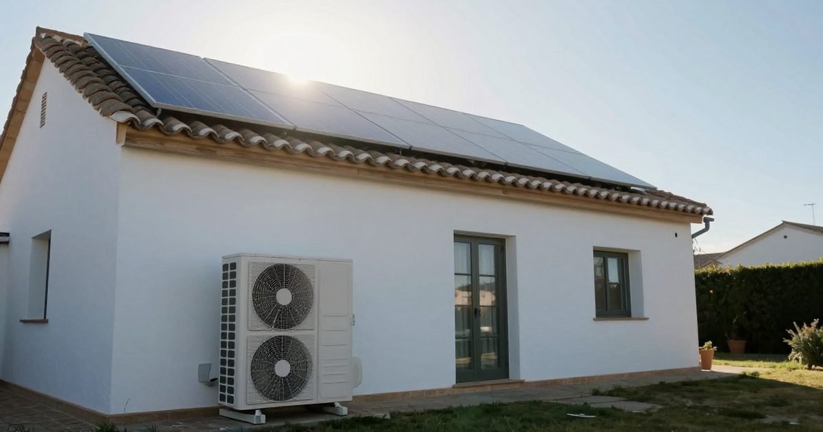 Casa con placas solares y unidad exterior de aerotermia