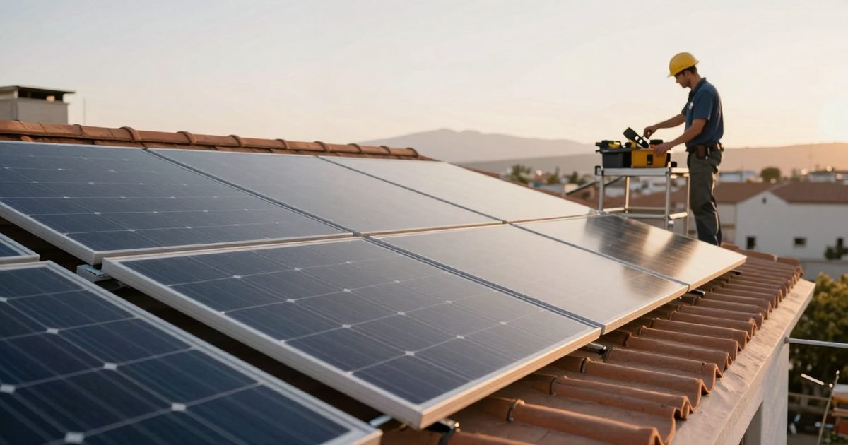 Placas solares recién instaladas en un tejado por la mañana