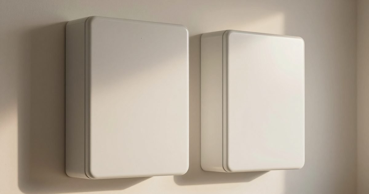 Dos baterías domésticas de distinto tamaño en la pared de un garaje