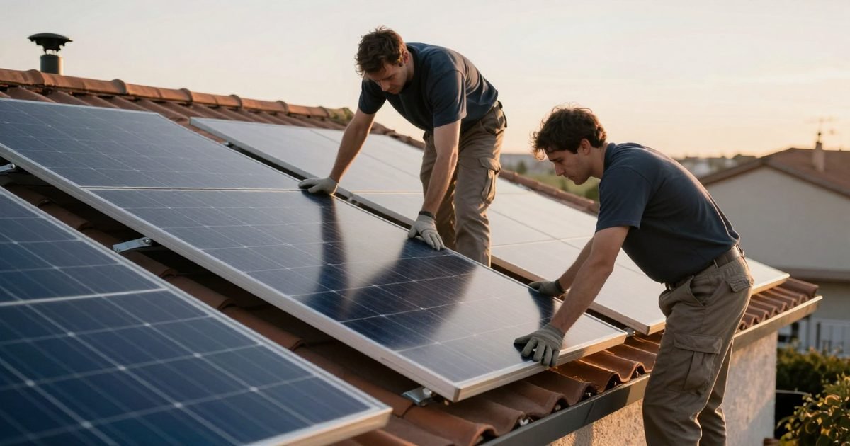 Instaladores colocando el último panel solar en una vivienda