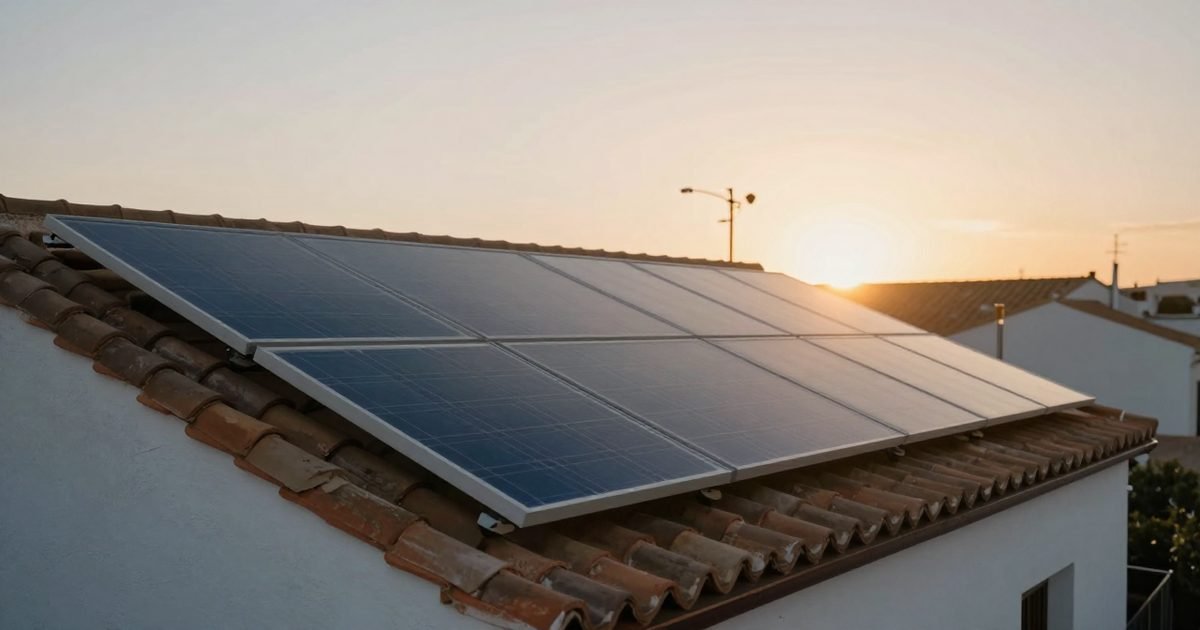 Placas solares en el tejado de una casa con el sol bajo