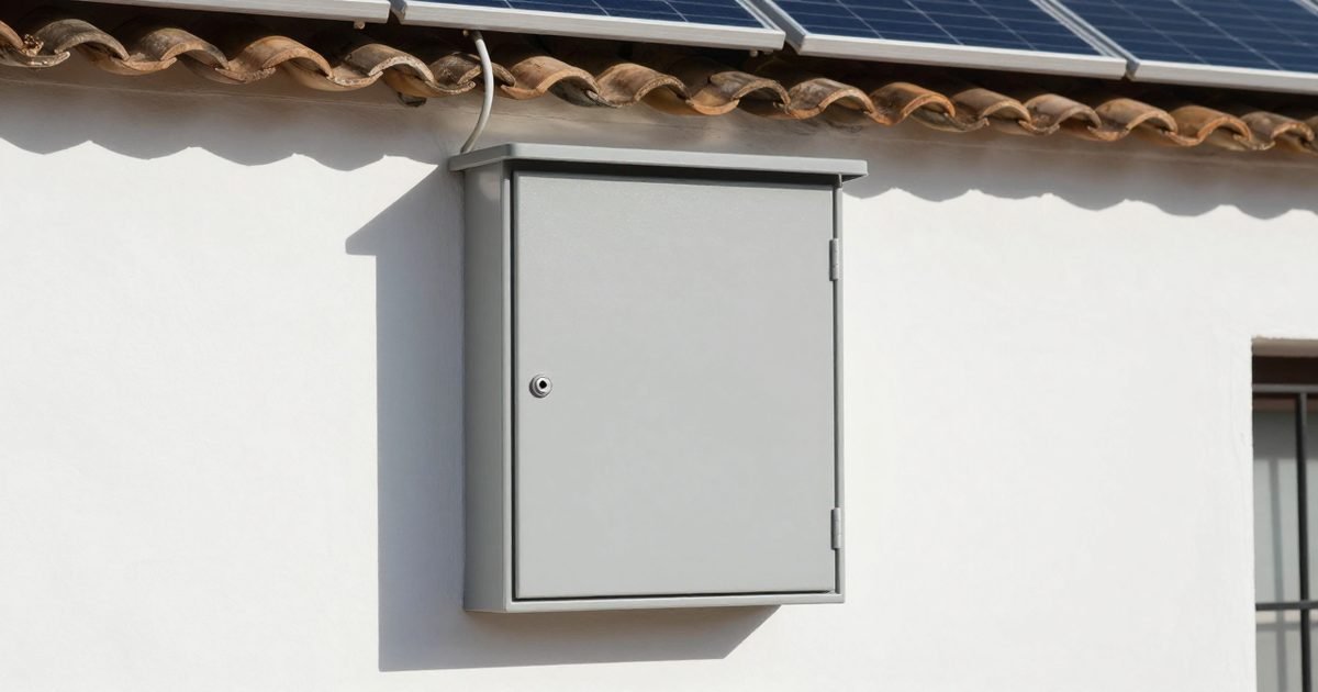 Caja del contador en la fachada de una casa con placas solares en el tejado