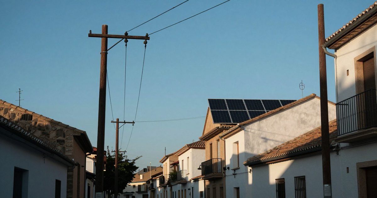 Líneas eléctricas junto a casas con placas solares