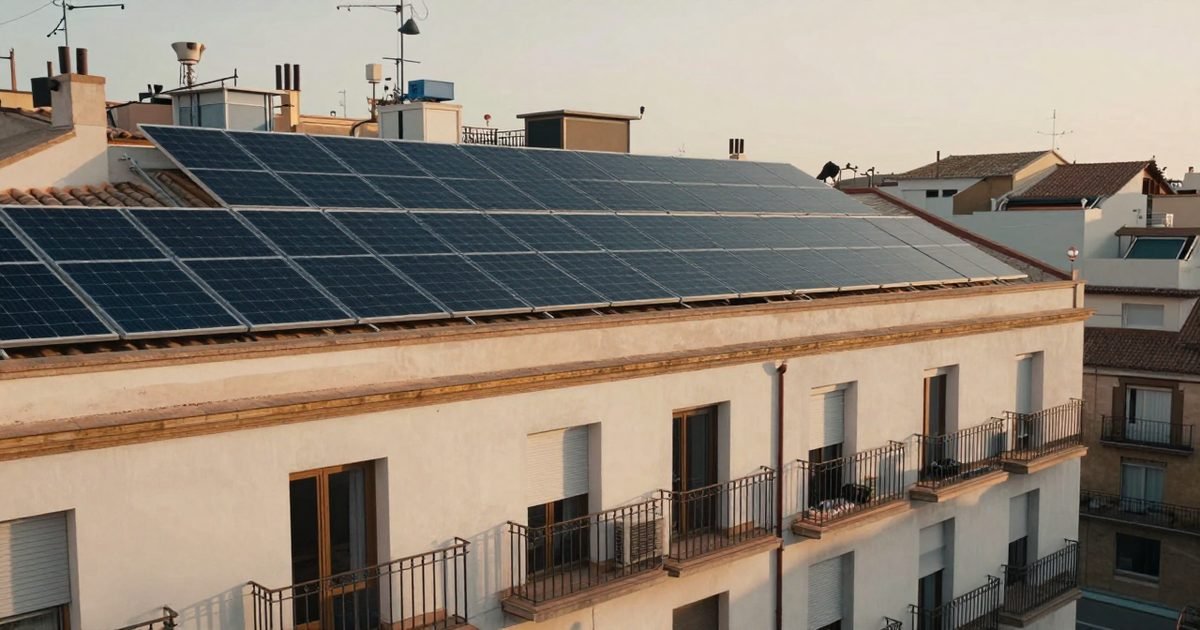 Edificio con placas solares en la azotea y balcones