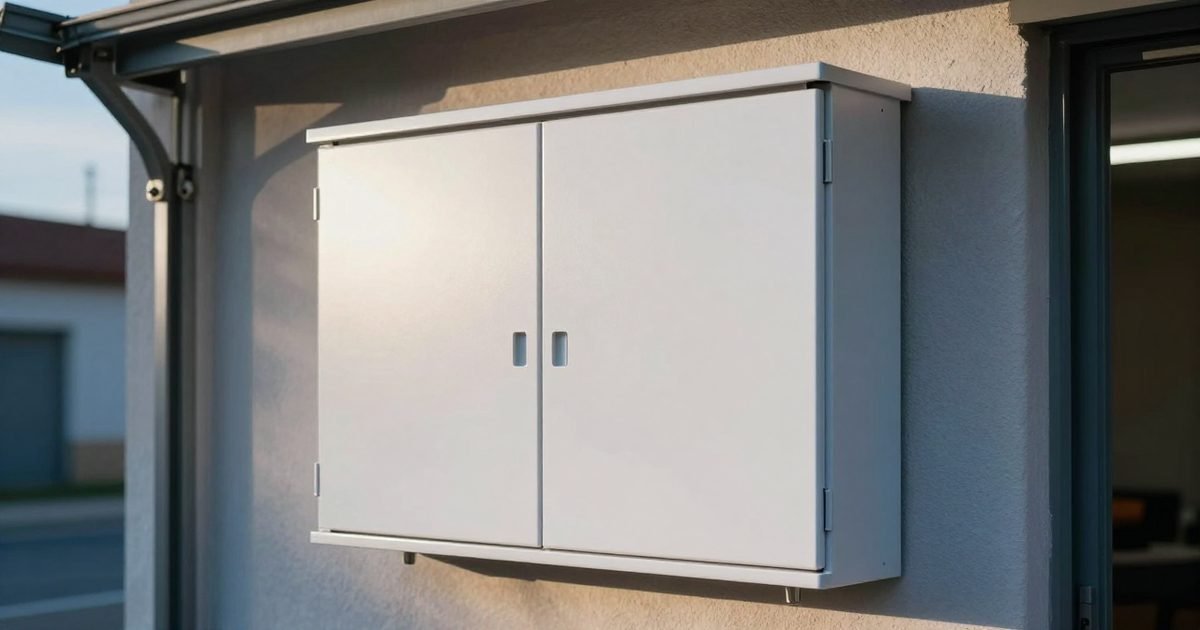 Batería solar doméstica en el garaje al atardecer