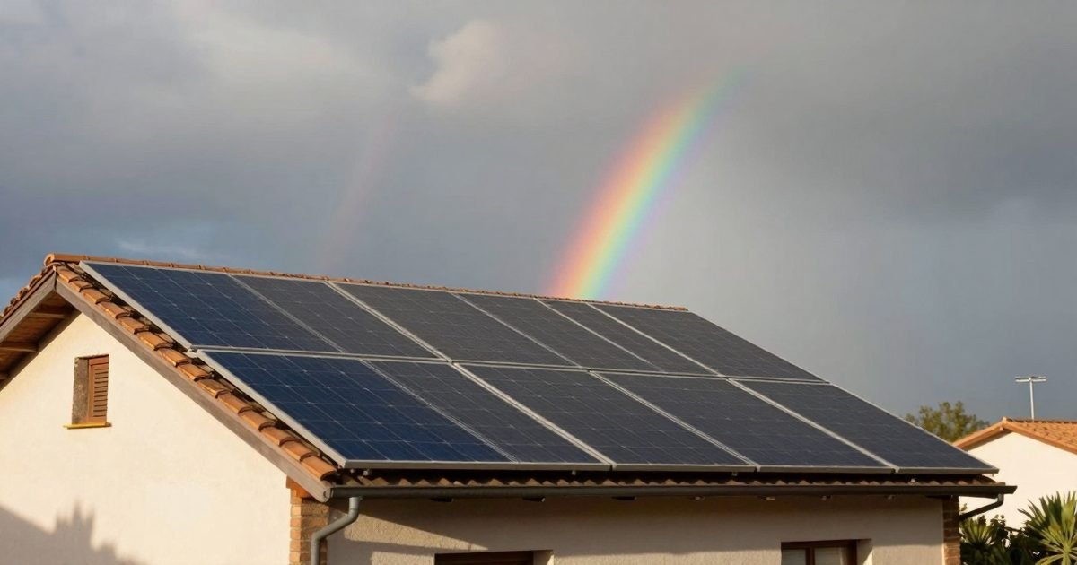 Casa con placas solares bajo un cielo de tormenta con arcoíris