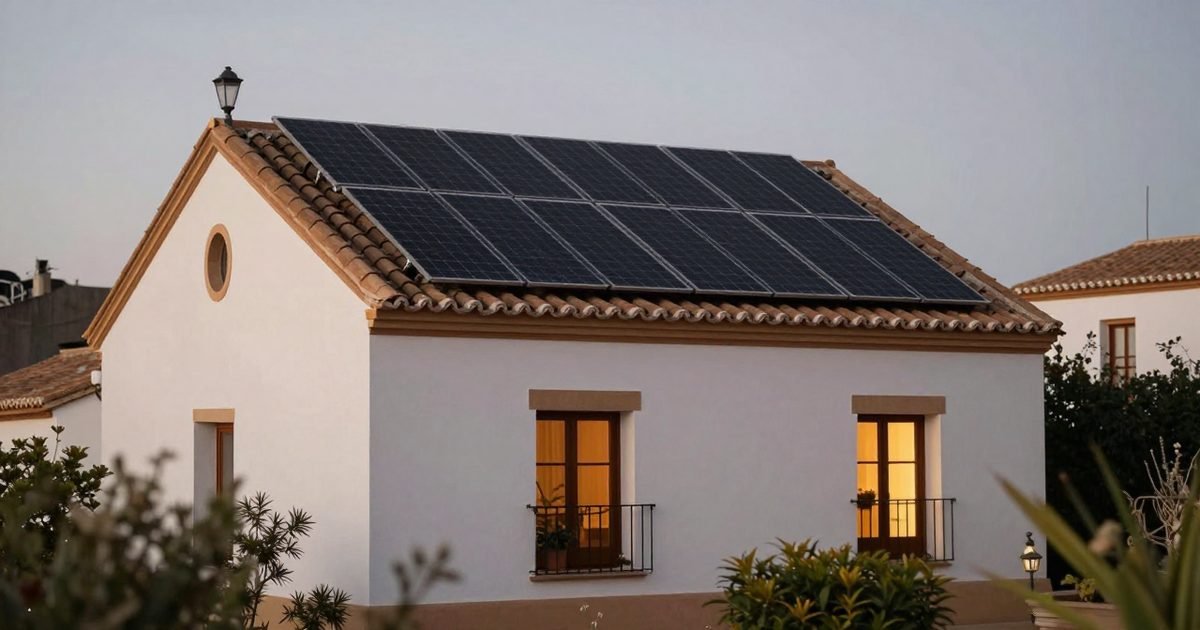 Vivienda reformada con placas solares negras en el tejado